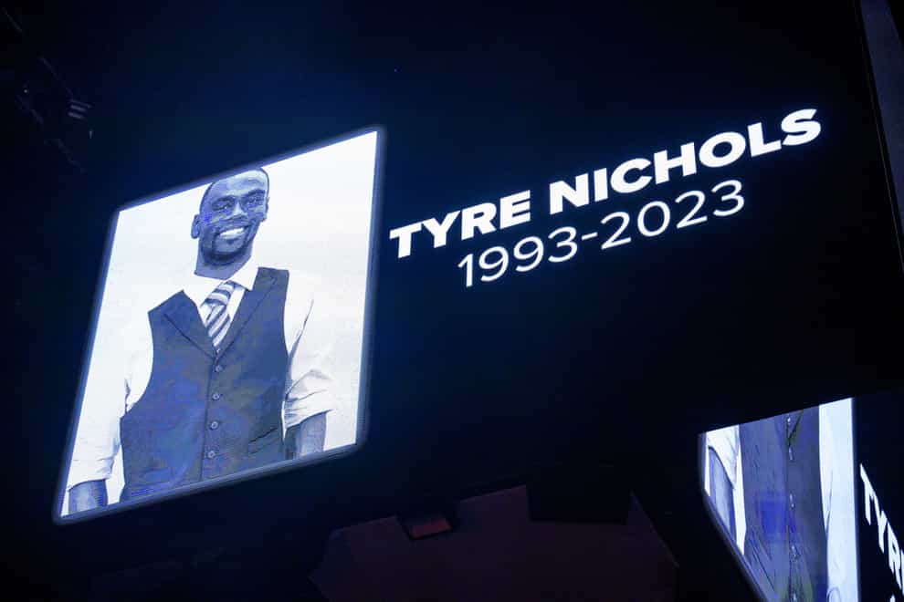 The screen at the Smoothie King Centre in New Orleans honours Tyre Nichols. Five former Memphis, Tennessee, police officers were due to make their first court appearance on murder and other charges in the violent arrest and death of Mr Nichols (Matthew Hinton/AP/PA)