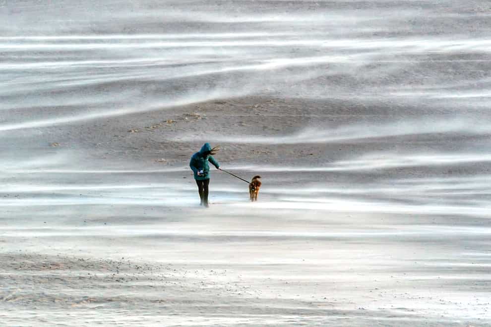 A person walks a dog on Tynemouth beach during Storm Otto (PA)