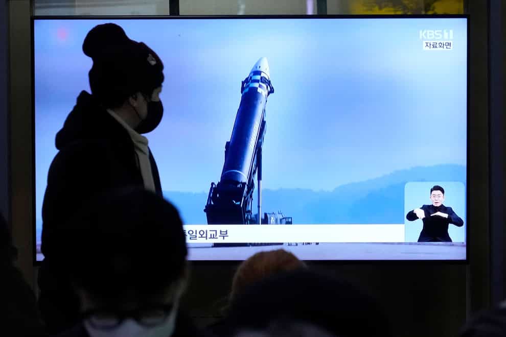 A TV screen shows a file image of North Korea’s missile during a news programme in Seoul (Ahn Young-joon/AP)