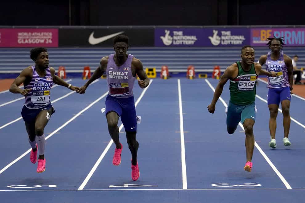 Reece Prescod, centre left, ran his fastest time of the year to win the men’s 60 metre UK Indoor Championship title (Martin Rickett/PA)