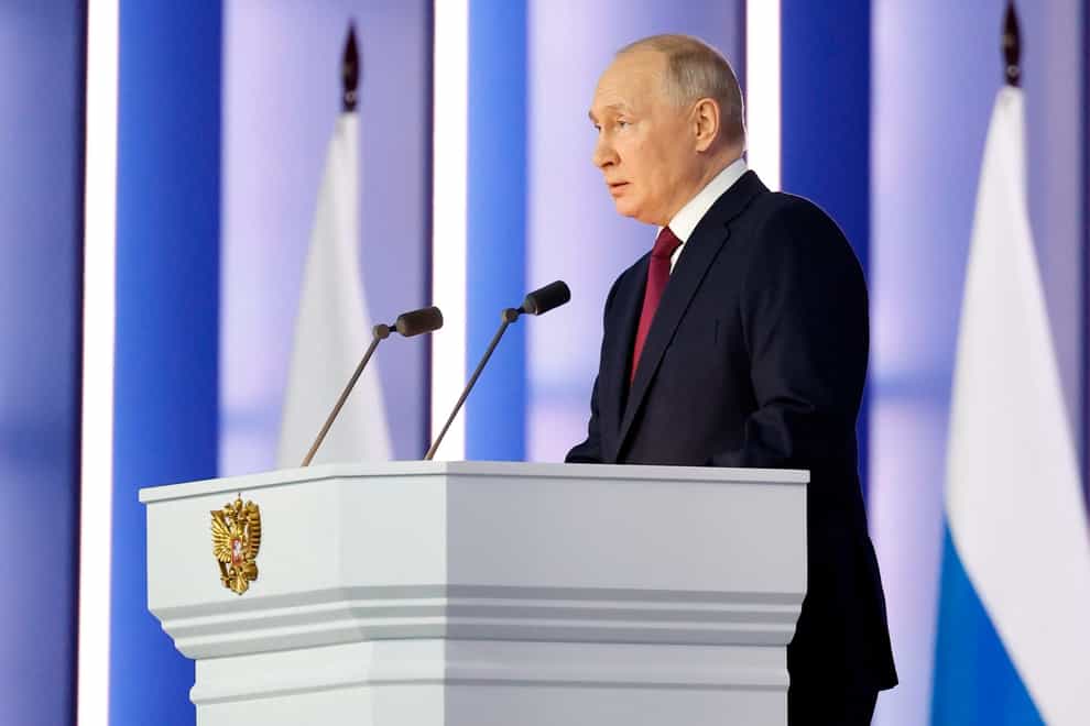 Russian President Vladimir Putin gives his annual state of the nation address in Moscow, Russia, Tuesday, Feb. 21, 2023. (Dmitry Astakhov, Sputnik, Kremlin Pool Photo via AP)