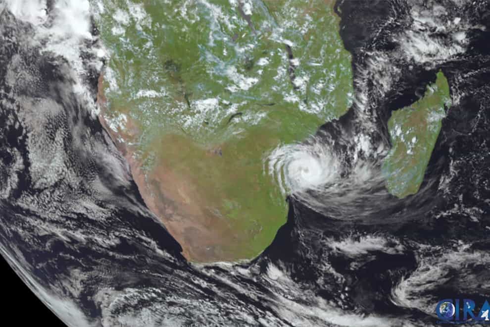This image from Meteosat-9 satellite shows Tropical Cyclone Freddy, centre right, and Mozambique on Friday, Feb. 24, 2023 (NOAA via AP/AP)