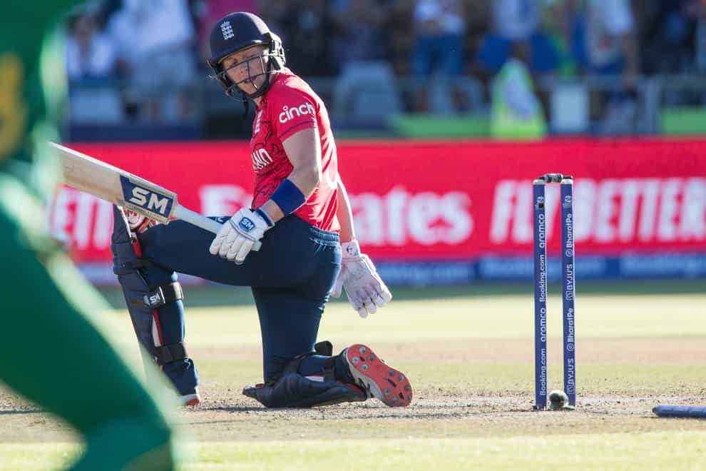 Heather Knight surveys her wrecked wicket as England lose against South Africa in the T20 World Cup semi-final (Halden Krog/AP)