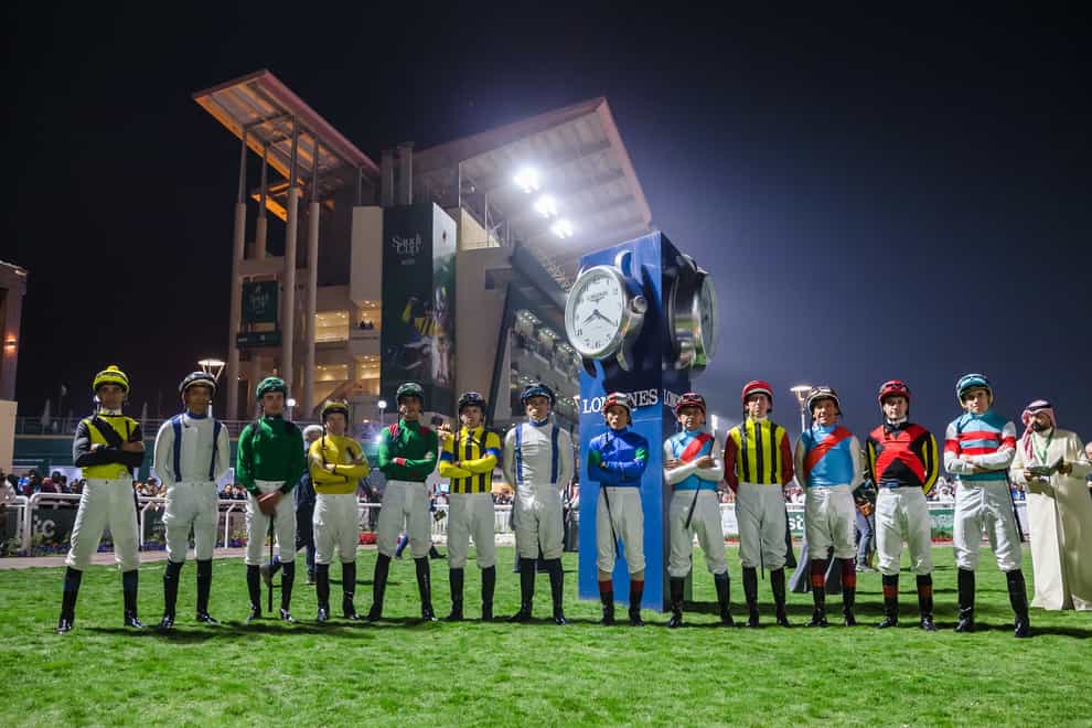 Jockeys line up before the Saudi Cup (Jockey Club of Saudi Arabia/ Erika Rasmussen)