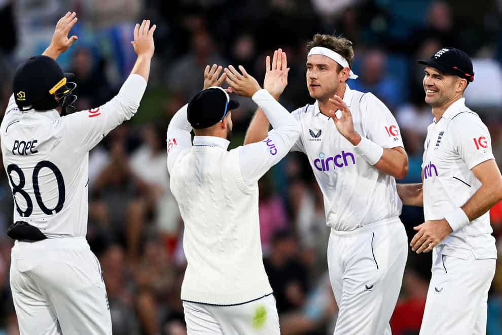 England’s Stuart Broad, second right, took four wickets at Wellington on the third morning (AP)