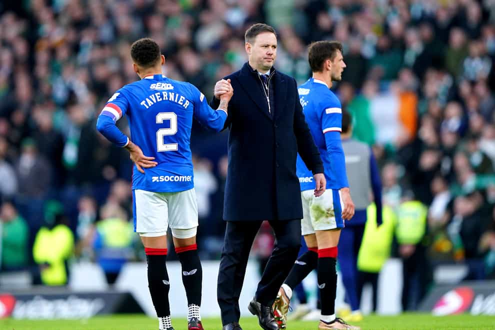 Rangers manager Michael Beale shakes hands with James Tavernier after losing the Viaplay Sports Cup Final at Hampden Park, Glasgow. Picture date: Sunday February 26, 2023.