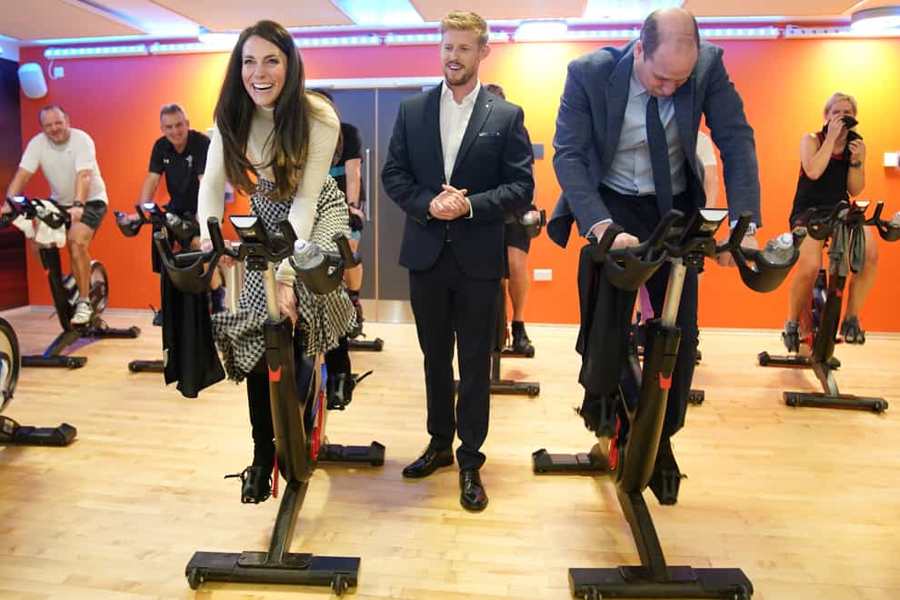 The Prince and Princess of Wales take part in a spin class during a visit to Aberavon Leisure and Fitness Centre in Port Talbot (Jacob King/PA)