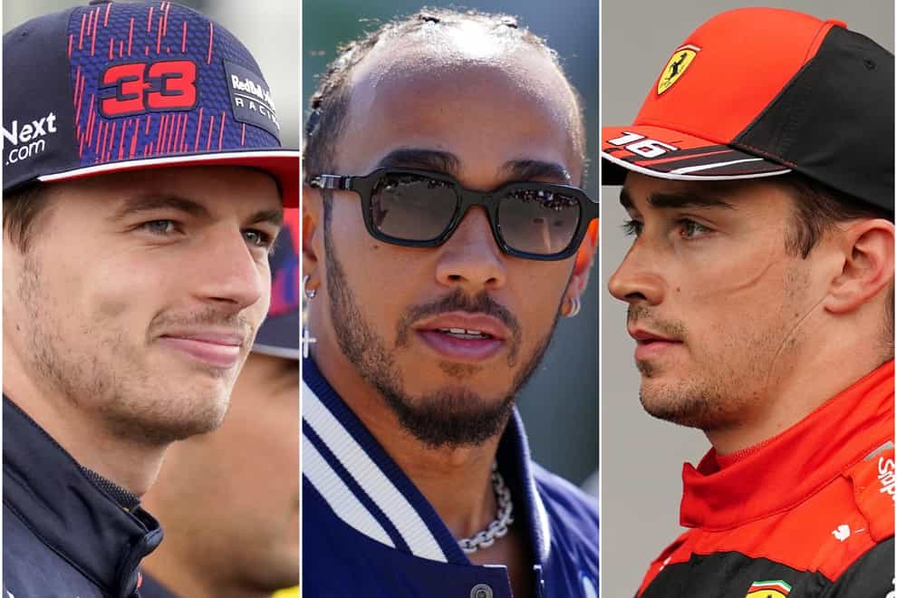 Max Verstappen, Lewis Hamilton and Charles Leclerc (PA)
