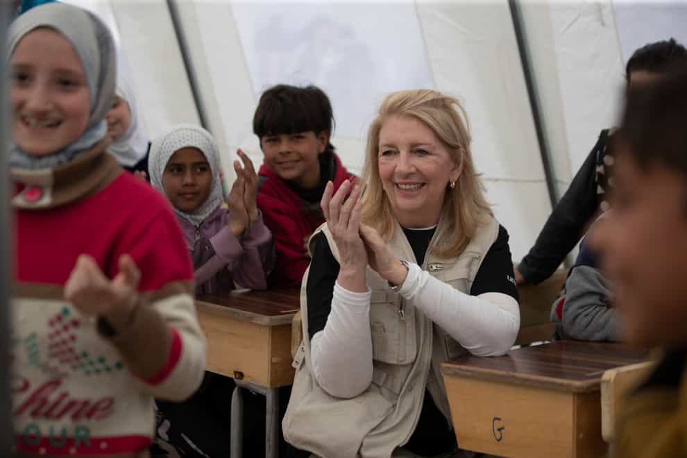 Catherine Russell visits a temporary school in Aleppo, Syria (AP Photo/Omar Sanadiki)