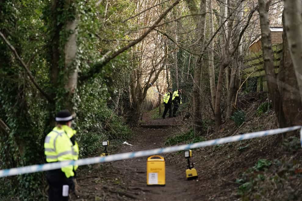 Police activity at the cordoned off scene in woodland close to Brentwood Crescent in Brighton, East Sussex, near to where remains have been found in the search for the two-month-old baby of Constance Marten and Mark Gordon (Jordan Pettitt/PA)