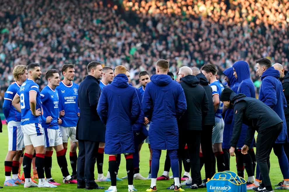 Rangers manager Michael Beale speaks to his players after losing the Viaplay Cup final (Andrew Milligan/PA)