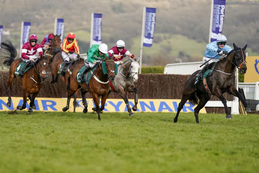Jordan Gainford riding The Shunter (right) clear the last to win The Paddy Power Plate Handicap Chase during day three of the Cheltenham Festival at Cheltenham Racecourse. Picture date: Thursday March 18, 2021. (Alan Crowhurst/PA)