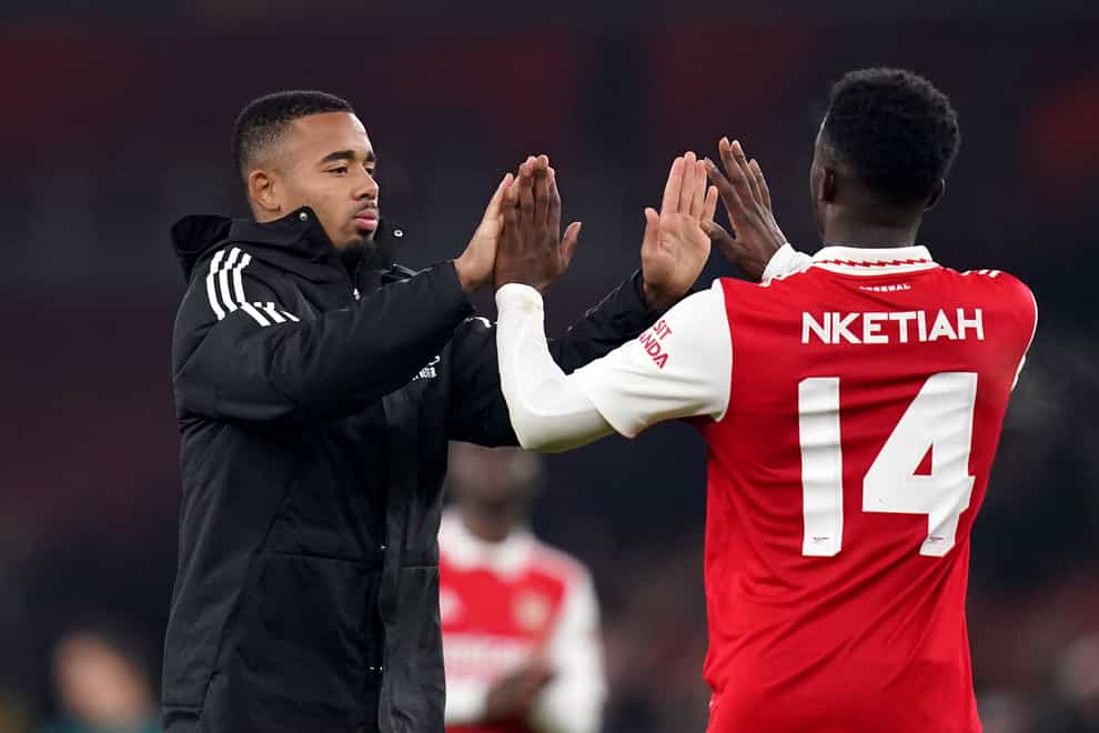 Arsenal’s Gabriel Jesus, left, and Eddie Nketiah are both expected to miss the game against Bournemouth (John Walton/PA)