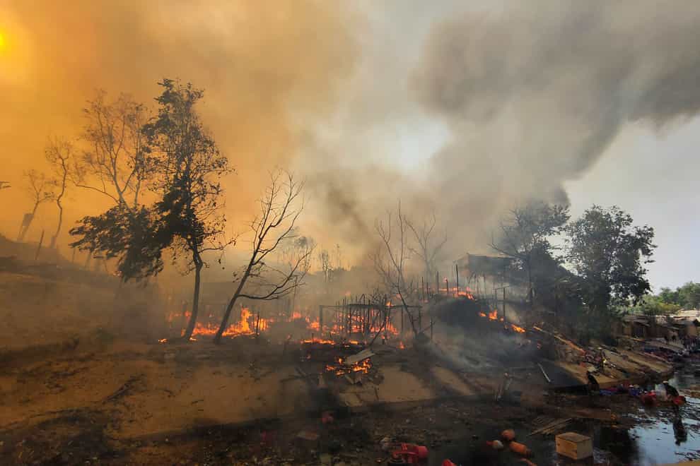 A fire at Balukhali camp in Cox’s Bazar district (Mahmud Hossain Opu/AP)