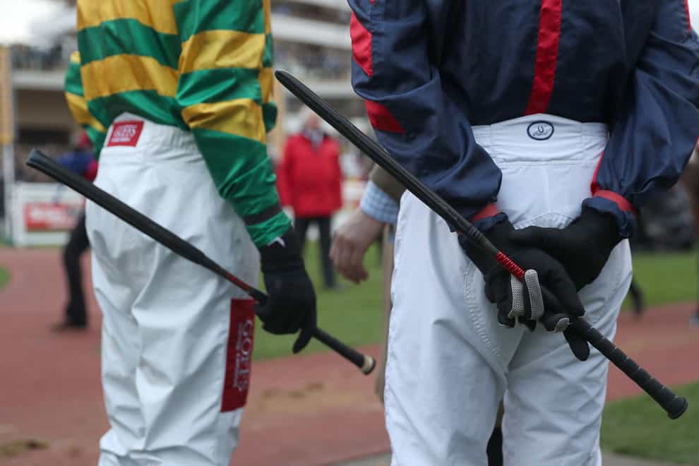 Jockeys whips during St Patrick’s Thursday of the 2017 Cheltenham Festival at Cheltenham Racecourse. (David Davies/PA)