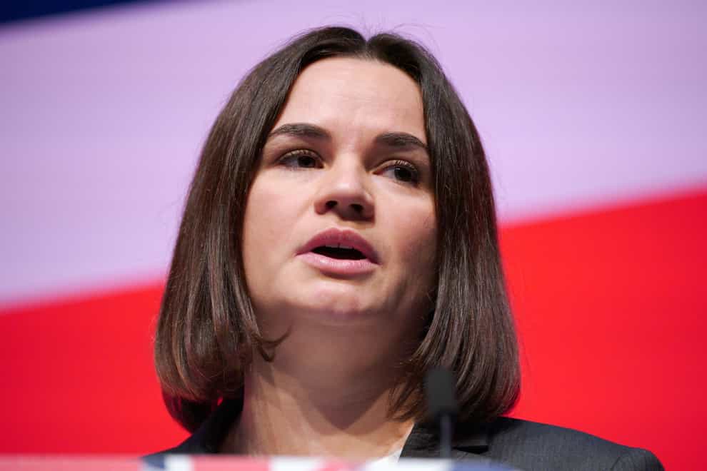 Belarus opposition leader Sviatlana Tsikhanouskaya speaking during the Labour Party Conference at the ACC Liverpool (Peter Byrne/PA)