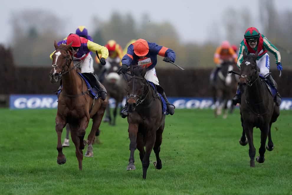 Le Milos (centre), here winning the Coral Gold Cup at Newbury, is on course for the Grand National following his run at Kelso on Saturday (John Walton/PA)