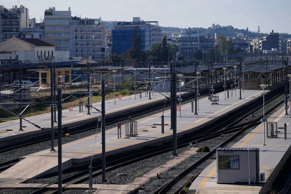 Platforms are empty at the main station during a 24-hour nationwide strike in Athens (Thanassis Stavrakis/AP)