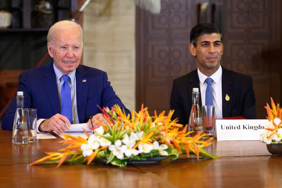 Joe Biden and Rishi Sunak, at an earlier meeting of the G20 leaders in Bali (Leon Neal/PA)
