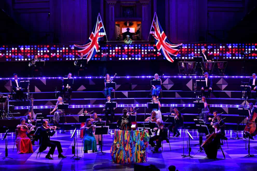 The Last Night of the Proms, conductor, Dalia Stasevska with a reduced orchestra of 65 instead of the usual 300 who performed live at the Royal Albert Hall but without an audience due to coronavirus restrictions and with the singers placed in the stalls to ensure social distancing (CHRIS CHRISTODOULOU/BBC/PA)