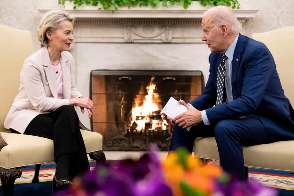 In a potential boost for electric vehicles, President Joe Biden and European Commission President Ursula von der Leyen said on Friday they have agreed to open negotiations on the use of European minerals critical in the production of batteries for EVs that are eligible for US tax credits (Andrew Harnik/AP)