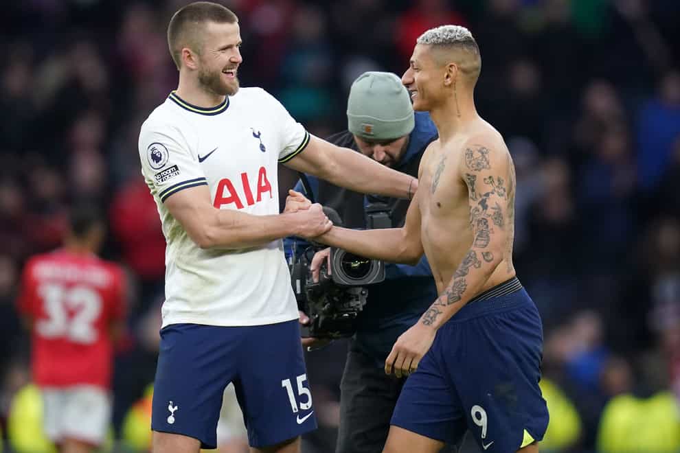 Eric Dier with Tottenham team-mate Richarlison after Saturday’s 3-1 win over Nottingham Forest (John Walton/PA)