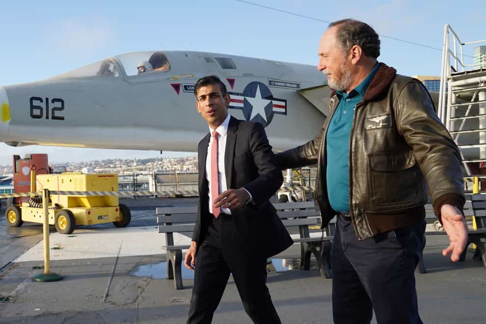 Prime Minister Rishi Sunak on the deck of the USS Midway Aircraft Carrier in San Diego (Stefan Rousseau/PA)