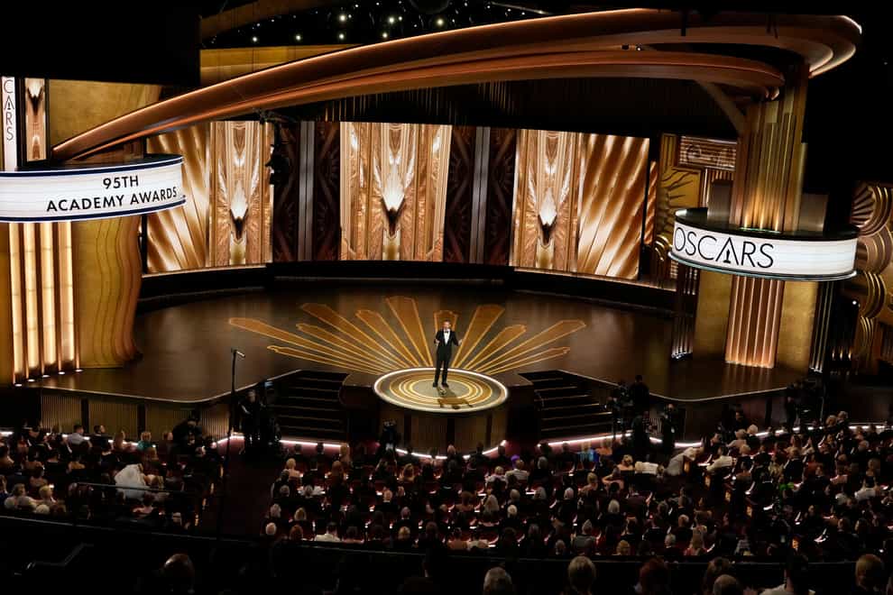 Host Jimmy Kimmel speaks at the Oscars at the Dolby Theatre in Los Angeles (Chris Pizzello/AP)