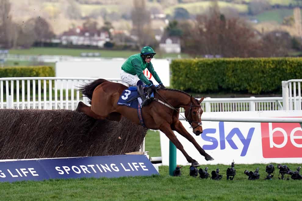 El Fabiolo ridden by jockey Paul Townend clear a fence on their way to winning the Sporting Life Arkle Challenge Trophy Novices’ Chase on day one of the Cheltenham Festival at Cheltenham Racecourse. Picture date: Tuesday March 14, 2023.