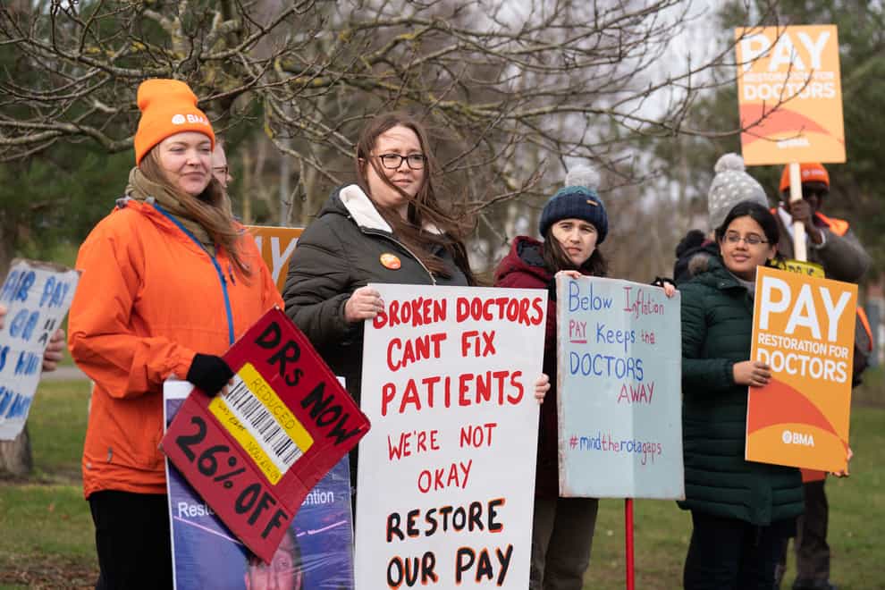 Striking NHS junior doctors on the picket line outside Norfolk and Norwich University Hospital (Joe Giddens/PA)