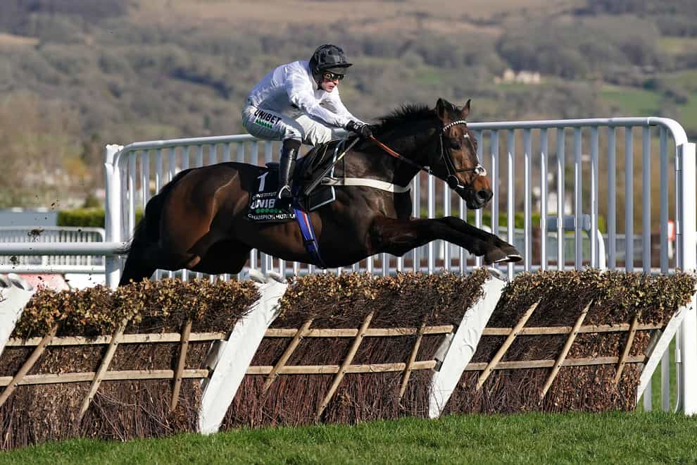 Constitution Hill ridden by jockey Nico de Boinville clear a fence on their way to winning the Unibet Champion Hurdle Challenge Trophy on day one of the Cheltenham Festival at Cheltenham Racecourse. Picture date: Tuesday March 14, 2023.