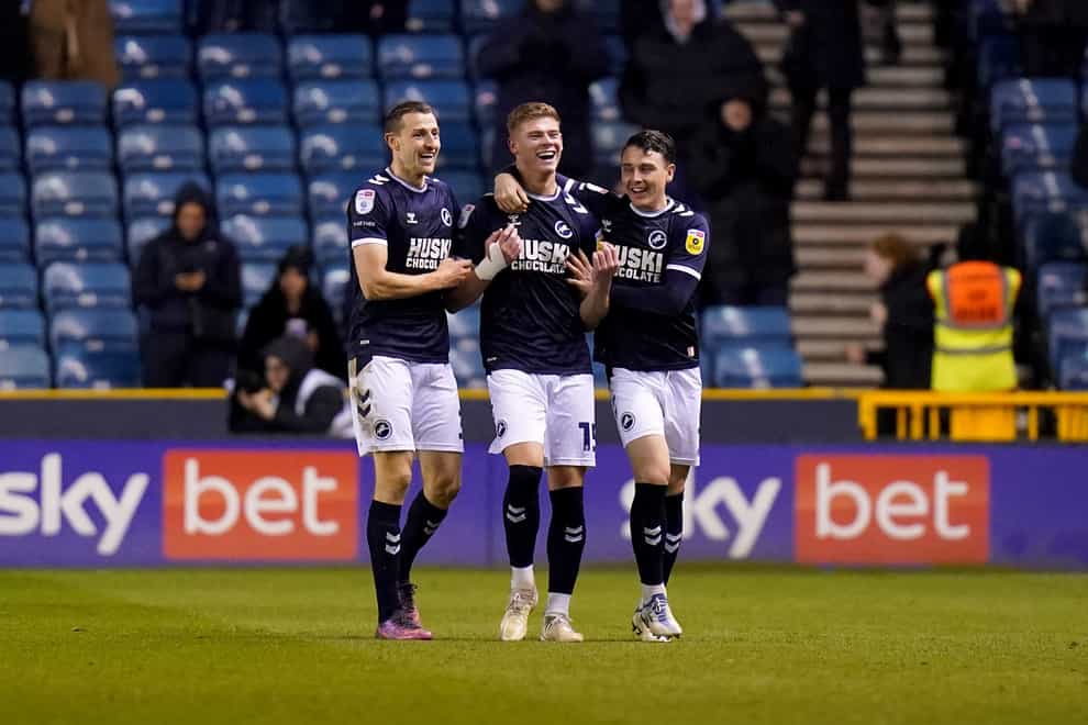 Millwall’s Charlie Cresswell (centre) celebrates with his team-mates after scoring (Adam Davy/PA)
