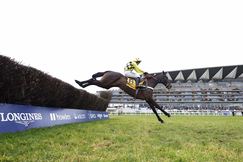 Shishkin ridden by jockey Nico de Boinville on their way to winning the Betfair Ascot Chase at Ascot Racecourse, Berkshire. Picture date: Saturday February 18, 2023. (Steven Paston/PA)