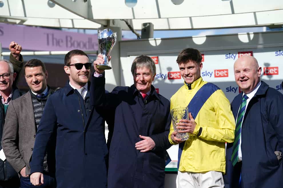 Owner and trainer Barry Connell (centre) celebrates winning the Sky Bet Supreme Novices’ Hurdle with Marine Nationale alongside jockey Michael O’Sullivan (second right) on day one of the Cheltenham Festival at Cheltenham Racecourse. Picture date: Tuesday March 14, 2023.