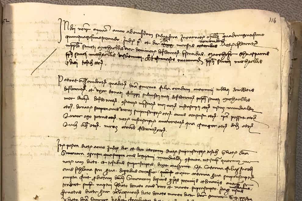 This picture made available by historian Carlo Vecce shows what he says is the original act of liberation of the slave Caterina, who he believes is the mother of Leonardo da Vinci and notarised by Leonardo’s father Piero da Vinci (Carlo Vecce via AP)