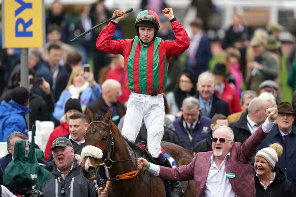 Liam McKenna celebrates after winning the Pertemps Network Final Handicap Hurdle aboard Good Time Jonny on day three of the Cheltenham Festival at Cheltenham Racecourse. Picture date: Thursday March 16, 2023.