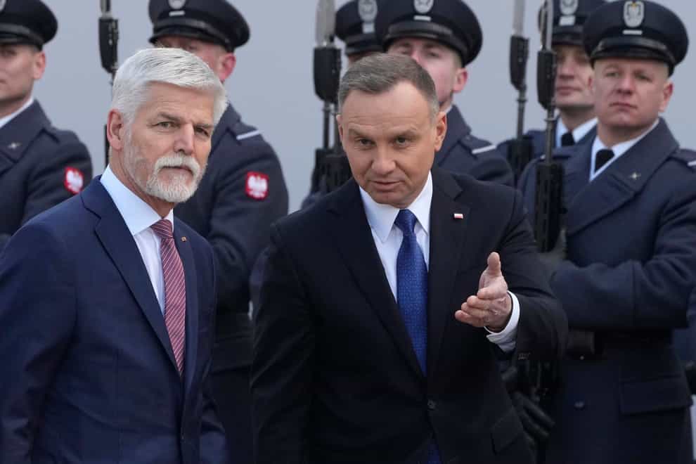 Poland’s President Andrzej Duda welcomes Czech Republic’s President Petr Pavel (Czarek Sokolowski/AP)