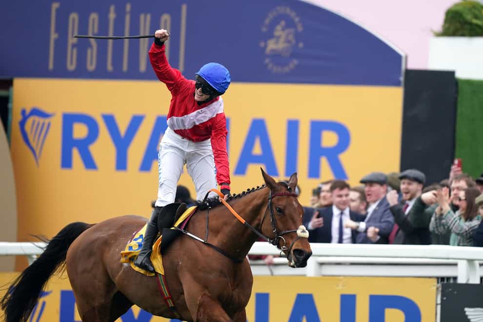 Rachael Blackmore celebrates after winning the Ryanair Chase aboard Envoi Allen on day three of the Cheltenham Festival at Cheltenham Racecourse. Picture date: Thursday March 16, 2023.