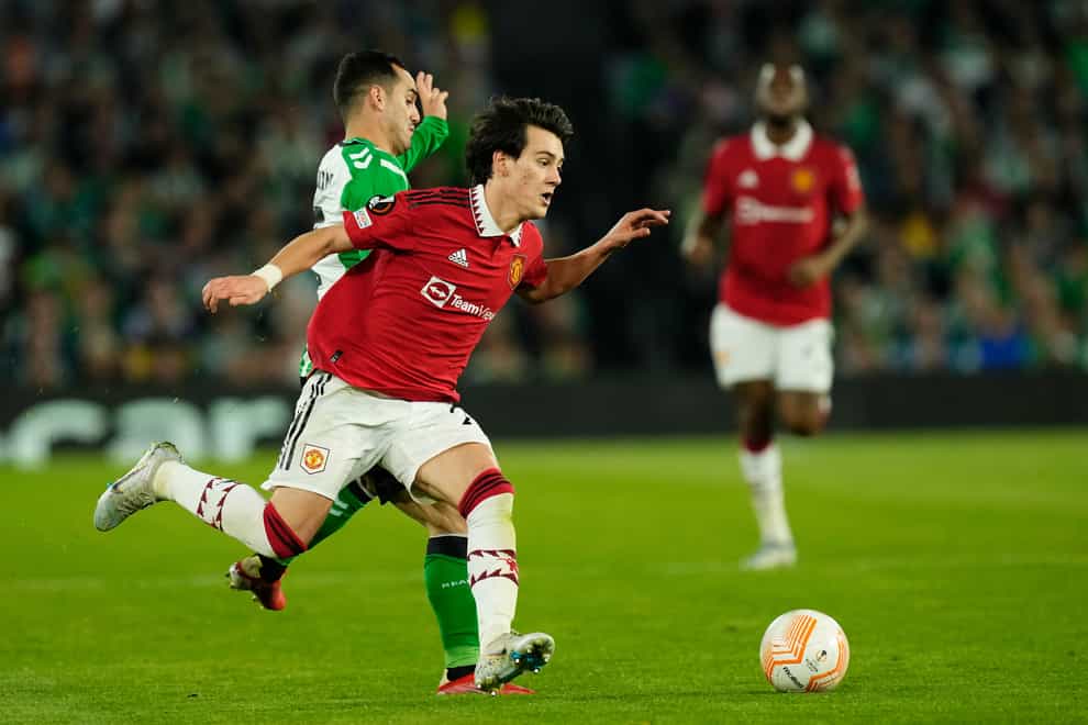 Manchester United’s Facundo Pellistri, right, started the victory at Real Betis (Jose Breton/AP)