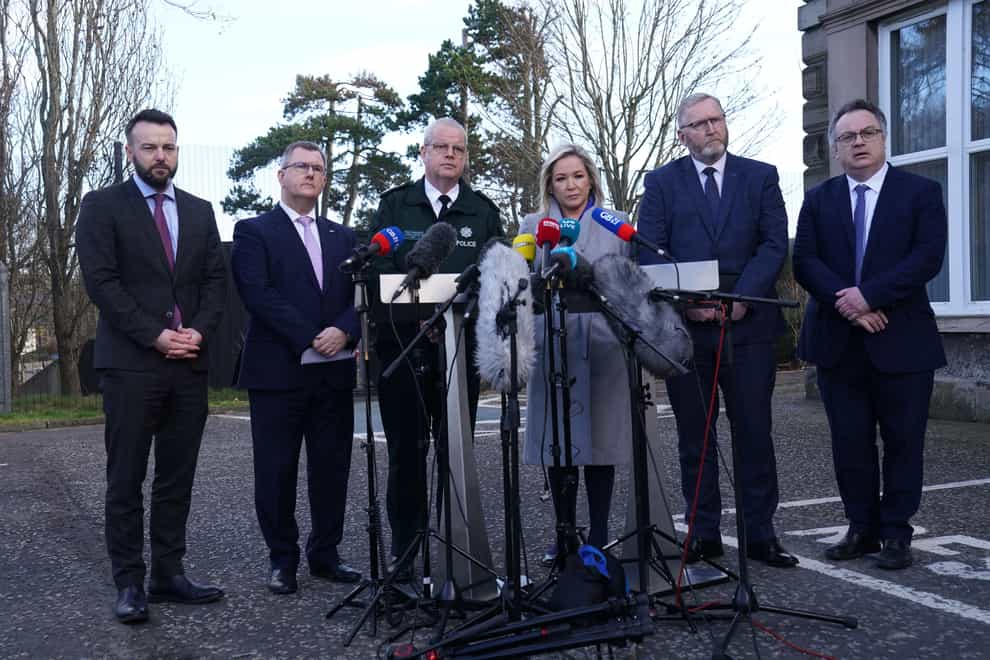 (l to r) SDLP leader Colum Eastwood, DUP leader Sir Jeffrey Donaldson, PSNI Chief Constable Simon Byrne, Sinn Fein deputy leader Michelle O’Neill, UUP leader Doug Beattie and Stephen Farry from the Alliance party, speaking to the media outside PSNI HQ in Belfast (Brian Lawless/PA)