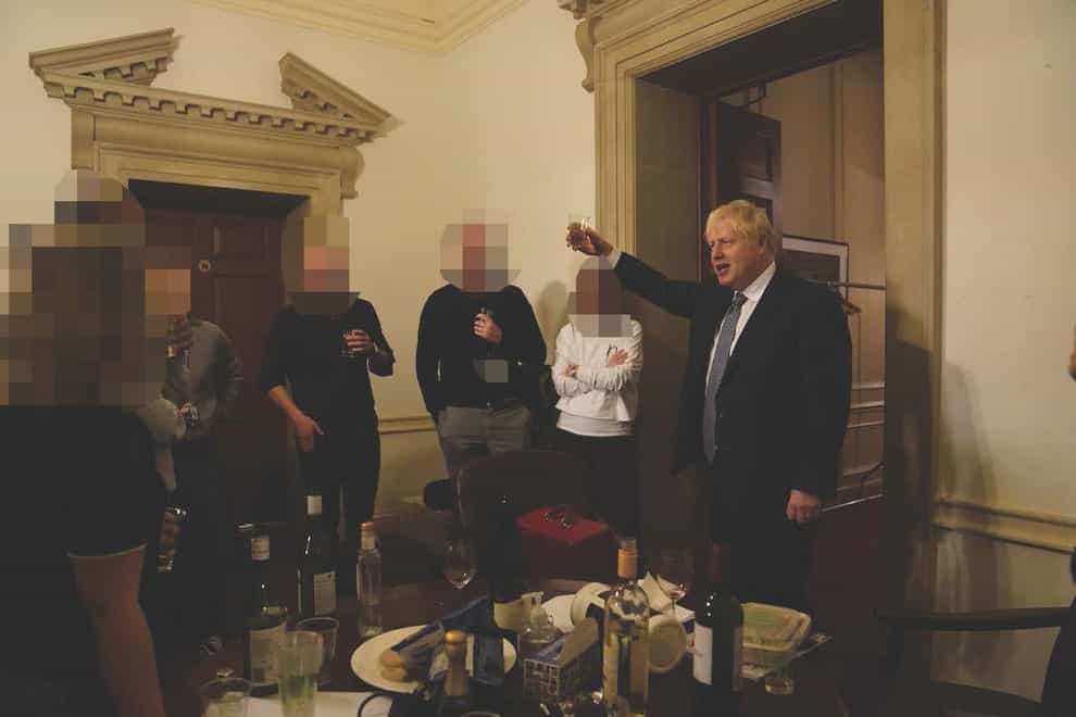 Boris Johnson at a leaving gathering in the vestibule of the Press Office of 10 Downing Street (Handout)