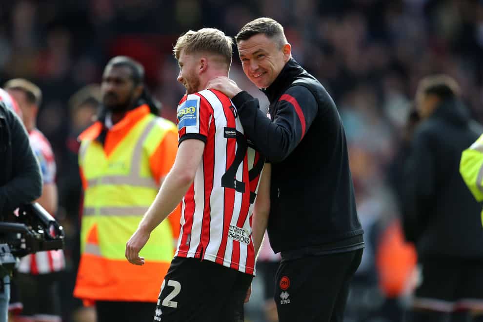 Sheffield United’s Tommy Doyle and manager Paul Heckingbottom (Nigel French/PA).
