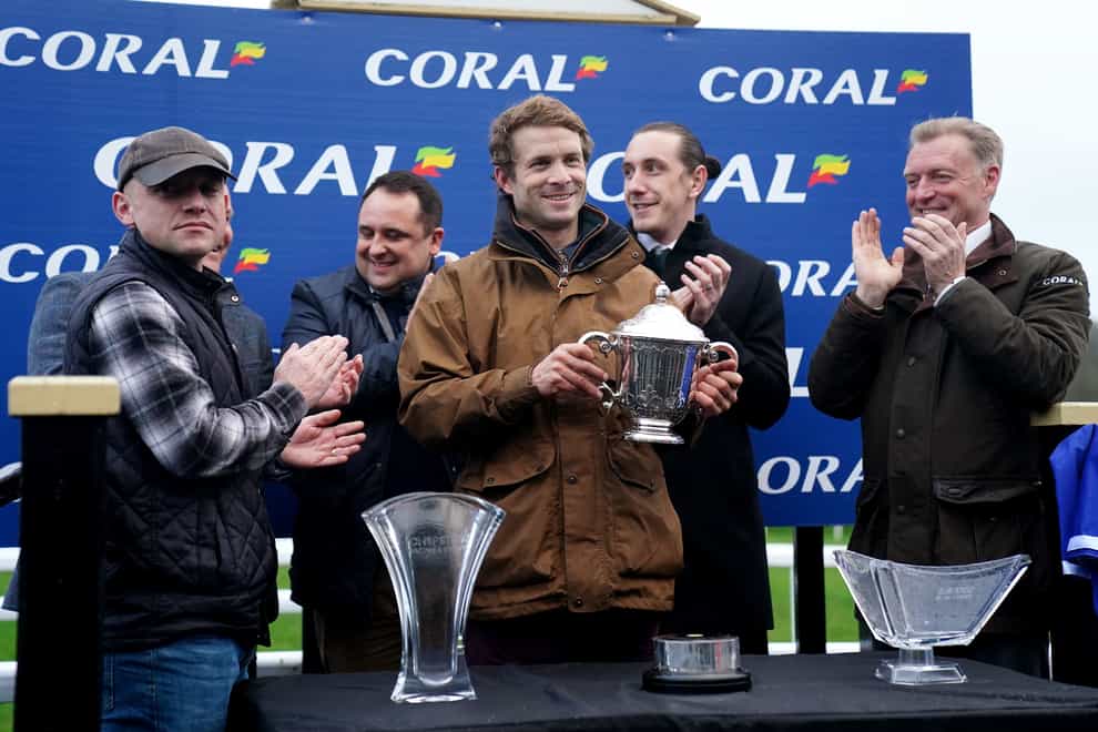 Sam Thomas (centre), here celebrating winning the Coral Welsh Grand National Handicap Chase, enjoyed more success at Chepstow on Sunday (David Davies/PA)