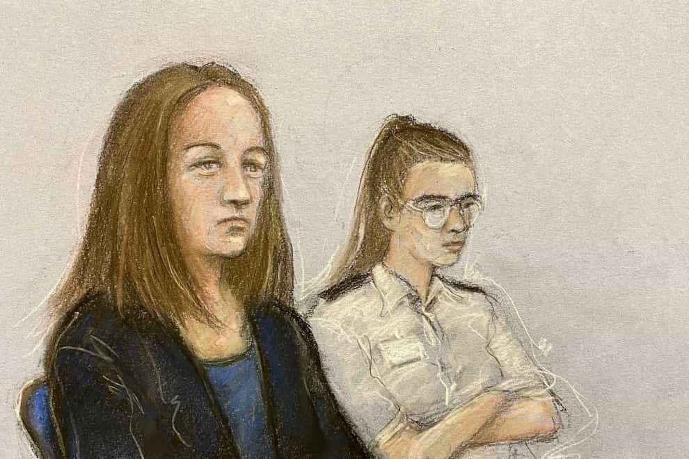 Court artist sketch of Lucy Letby appearing in the dock at Manchester Crown Court where she is charged with the murder of seven babies and the attempted murder of another 10 (Elizabeth Cook/PA)