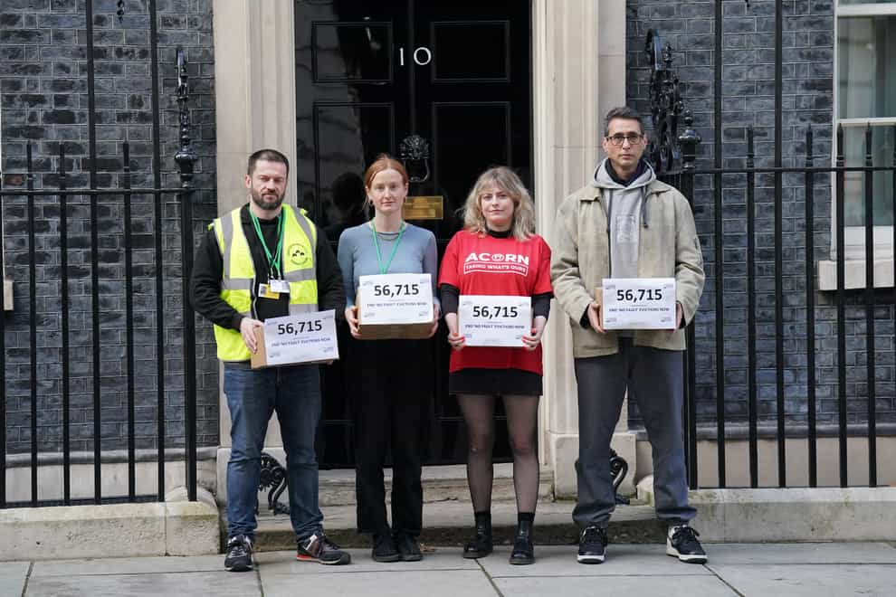 Representatives from the Renters’ Reform Coalition hand in a petition to 10 Downing Street (Jonathan Brady/PA)