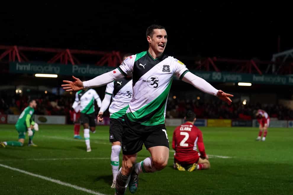 Plymouth Argyle’s Conor Grant celebrates scoring their side’s second goal of the game during the Sky Bet League One match at the Wham Stadium, Accrington. Picture date: Tuesday March 21, 2023.