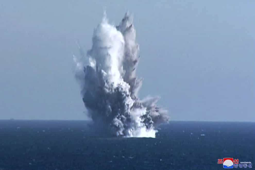 A purported underwater blast of a test warhead loaded to an unmanned underwater nuclear attack craft during an exercise around Hongwon Bay in waters off North Korea’s eastern coast (Korean Central News Agency/Korea News Service/AP)