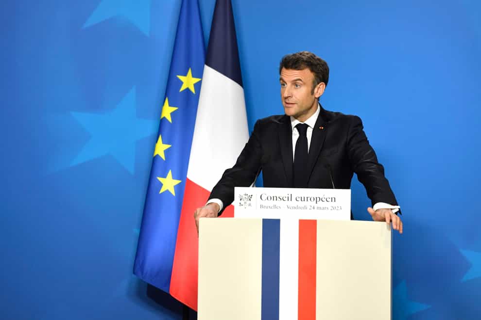 France’s President Emmanuel Macron speaks during a press conference at an EU summit in Brussels on Friday March 24 (Geert Vanden Wijngaert/AP)