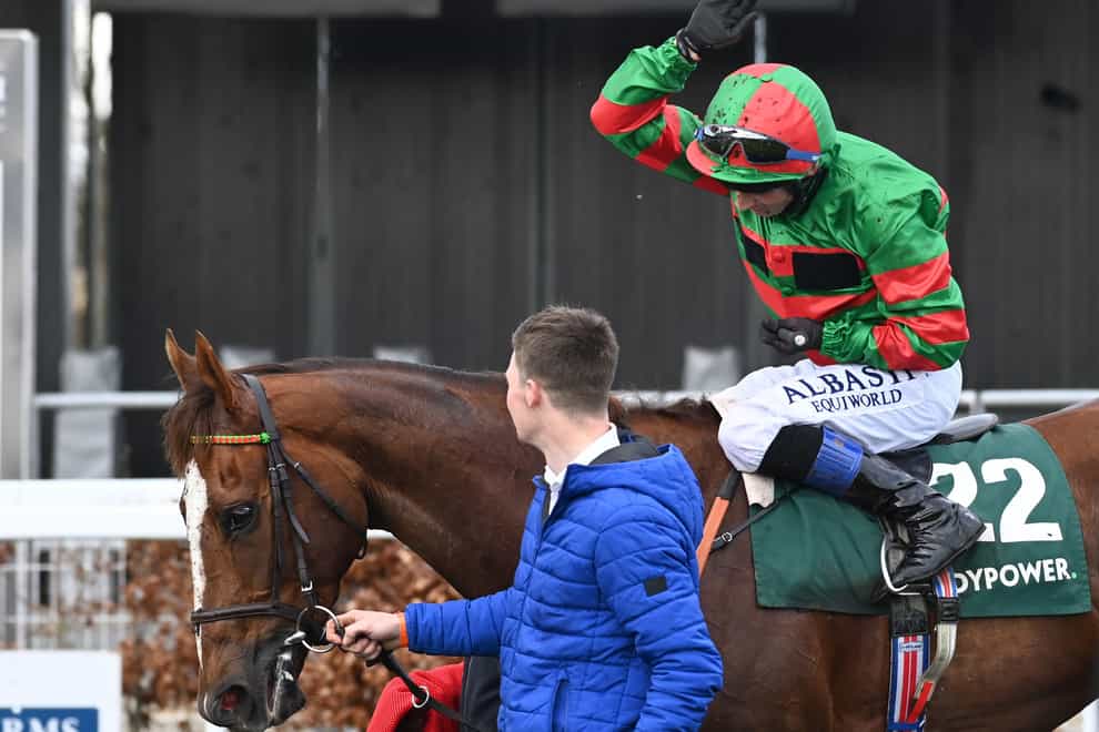 Jockey Chris Hayes celebrates after winning the Paddy Power Irish Lincolnshire on Lattam at Curragh Racecourse, County Kildare. Picture date: Saturday March 25, 2023 (Healy Racing/PA)