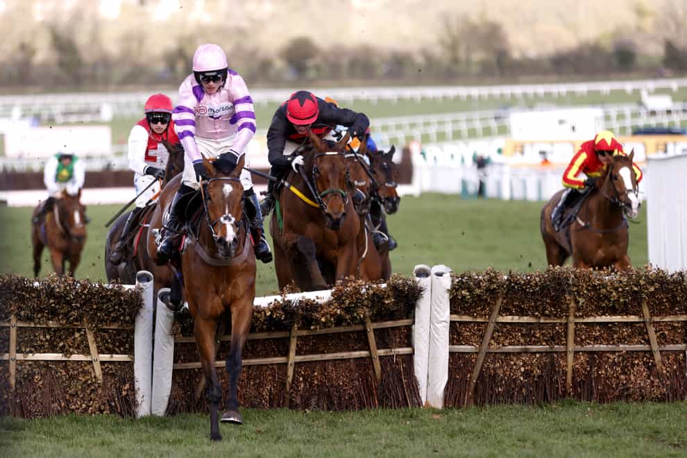 Affordale Fury (red cap) chases home Stay Away Fay (left, pink silks) in the Albert Bartlett Novices’ Hurdle (Steven Paston/PA)